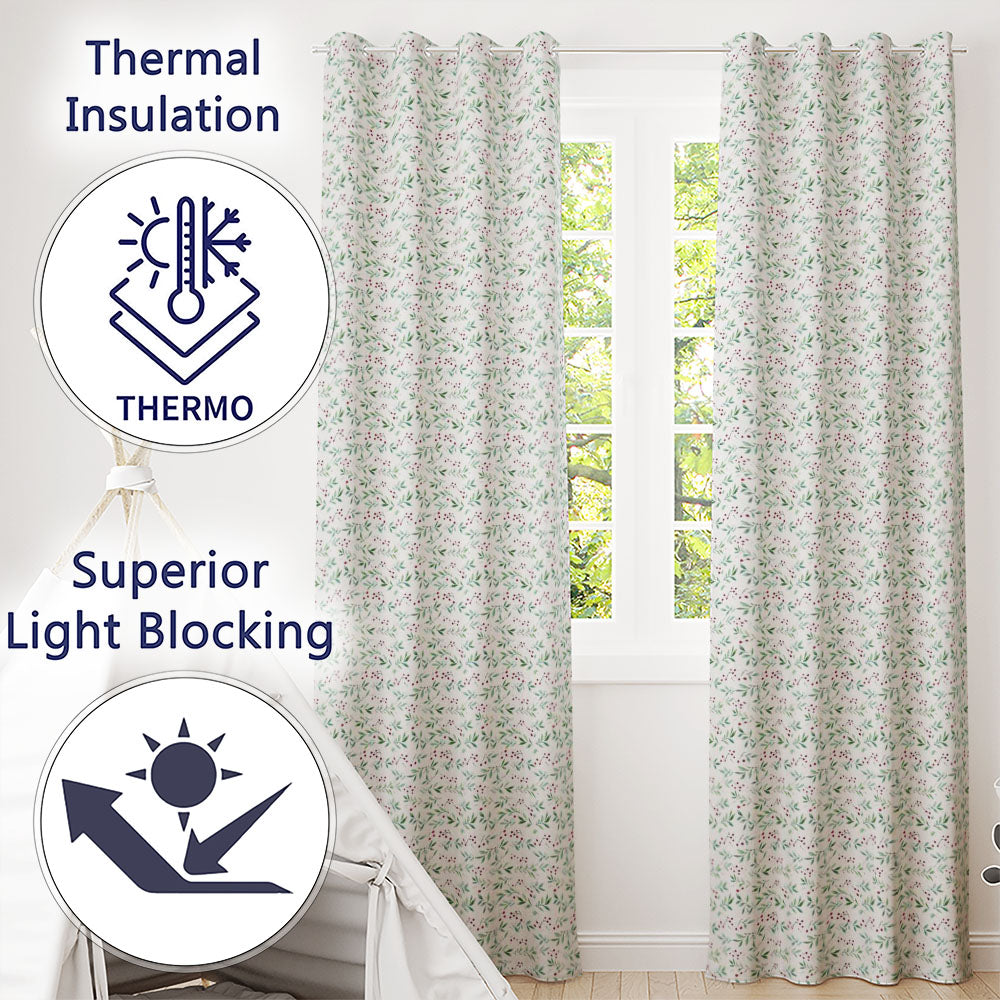 Watercolor Green Leaves and Red Berry Seamless Botanical Pattern  Readymade Eyelet Ring Top Thermal 100% Blackout Curtains