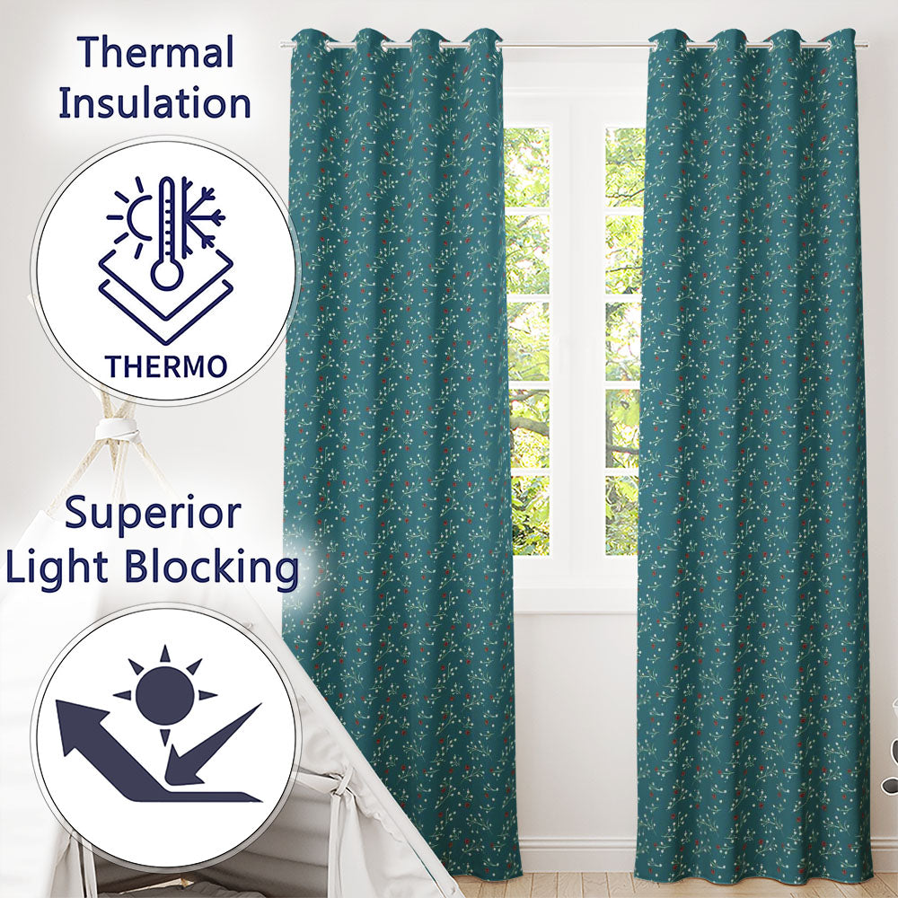 Modern Teal Background Red and White Berry Branch Pattern  Readymade Eyelet Ring Top Thermal 100% Blackout Curtains