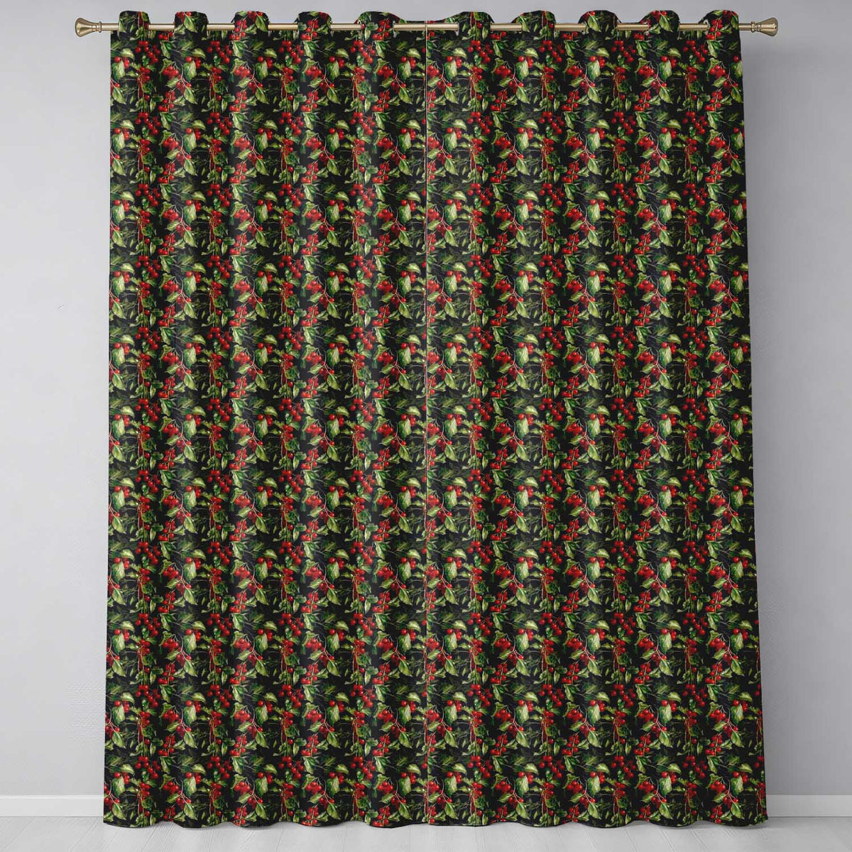 Rich Dark Holly Leaves and Red Berries Christmas Seamless Pattern  Readymade Eyelet Ring Top Thermal 100% Blackout Curtains