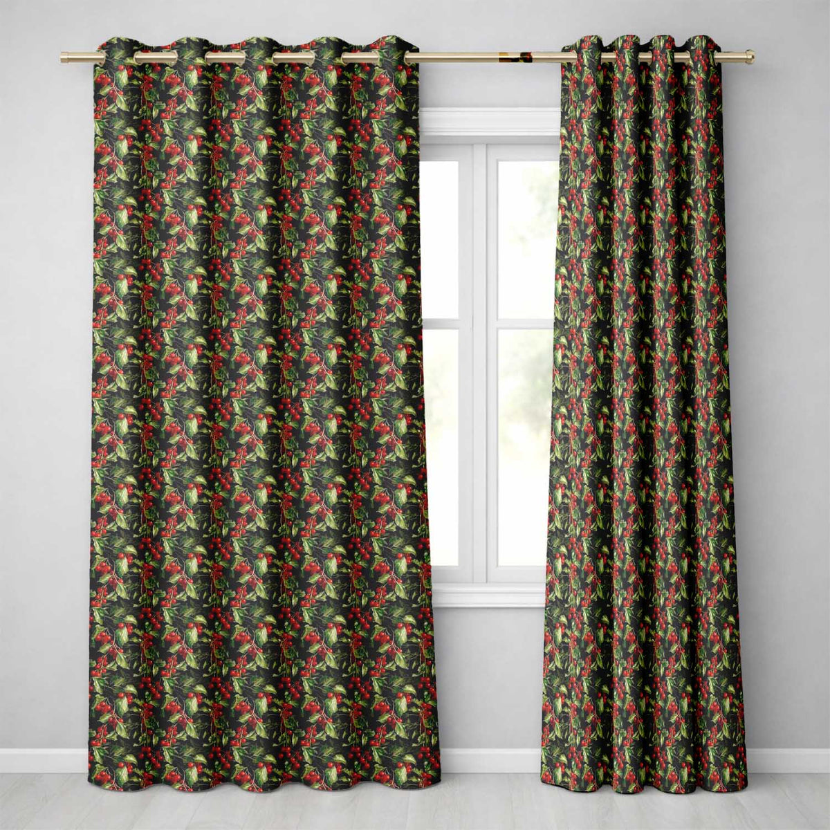 Rich Dark Holly Leaves and Red Berries Christmas Seamless Pattern  Readymade Eyelet Ring Top Thermal 100% Blackout Curtains