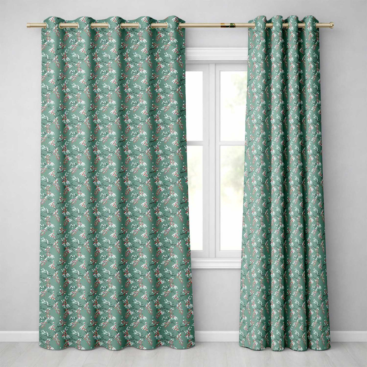 Festive Green Background Red and White Berry Branches Pattern  Readymade Eyelet Ring Top Thermal 100% Blackout Curtains