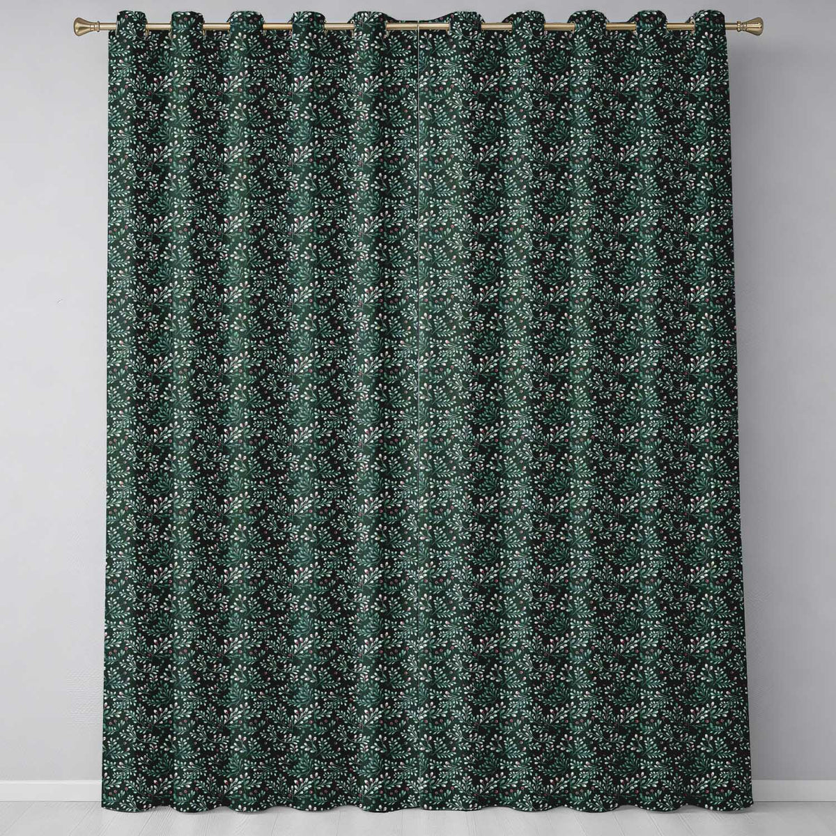 Dark Green Botanical Leaves and Red Berry Detailed Pattern  Readymade Eyelet Ring Top Thermal 100% Blackout Curtains
