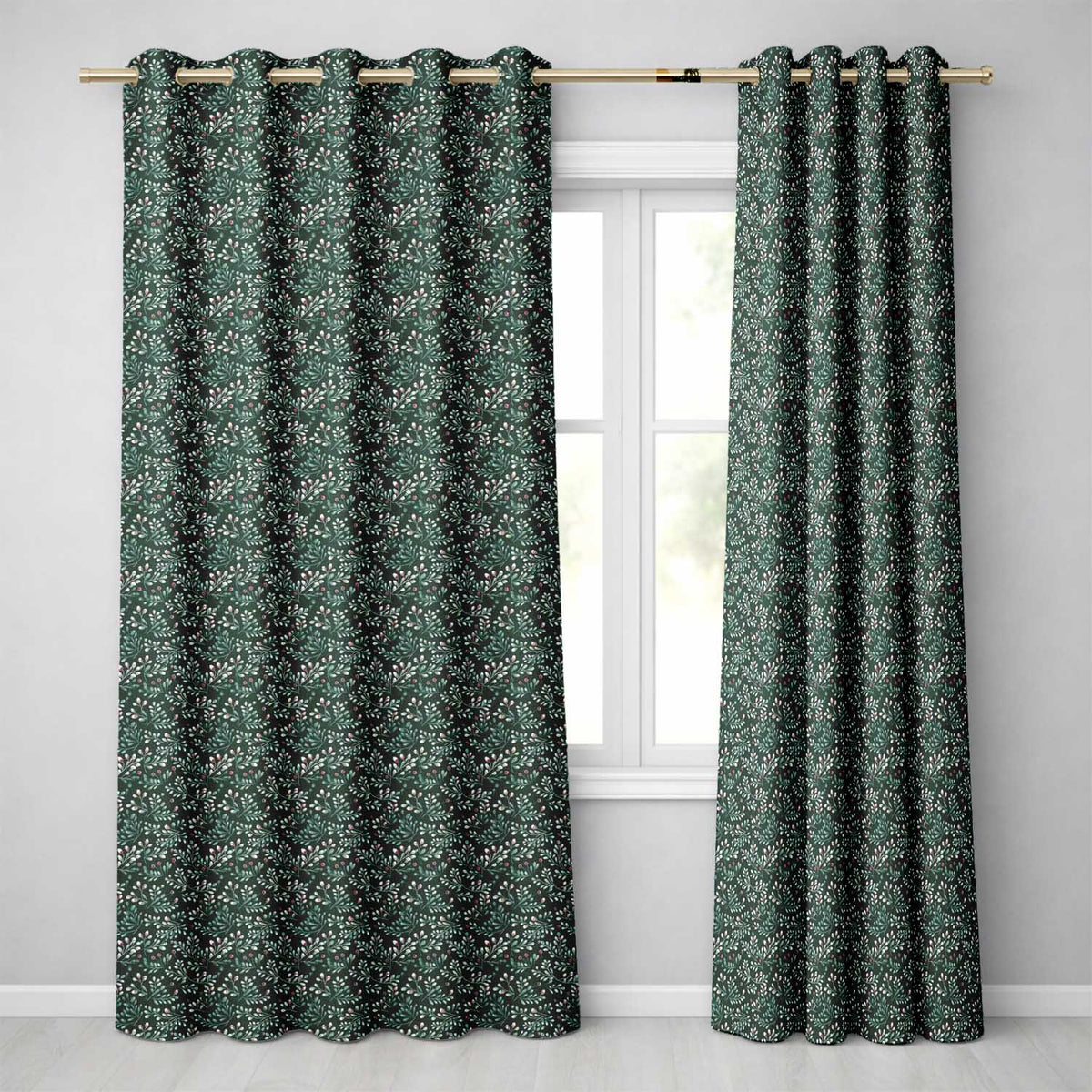 Dark Green Botanical Leaves and Red Berry Detailed Pattern  Readymade Eyelet Ring Top Thermal 100% Blackout Curtains