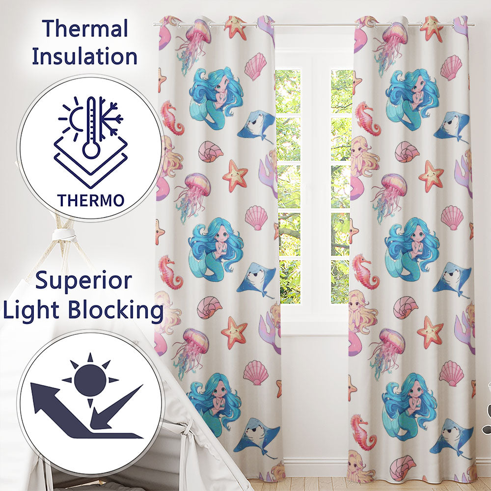 Cute Cartoon Mermaid and Sea Creatures Seamless Pattern  Readymade Eyelet Ring Top Thermal 100% Blackout Curtains
