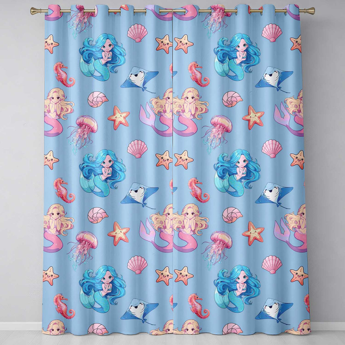 Cute Kawaii Mermaid Ocean Friends Jellyfish Starfish  Blue Background  Readymade Eyelet Ring Top Thermal 100% Blackout Curtains