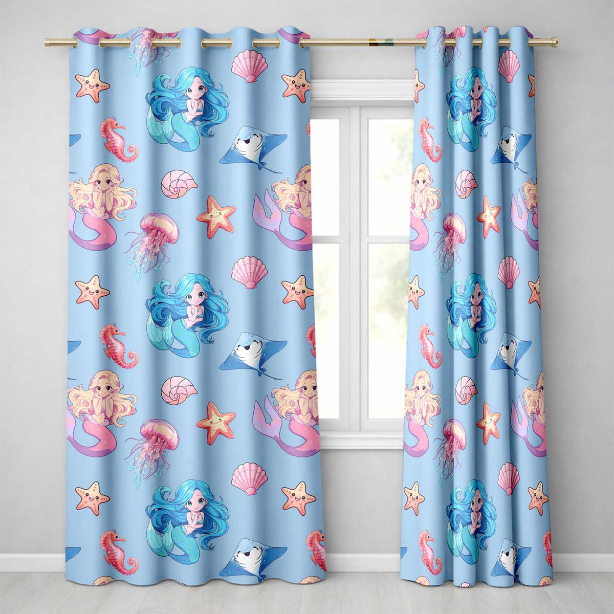 Cute Kawaii Mermaid Ocean Friends Jellyfish Starfish  Blue Background  Readymade Eyelet Ring Top Thermal 100% Blackout Curtains