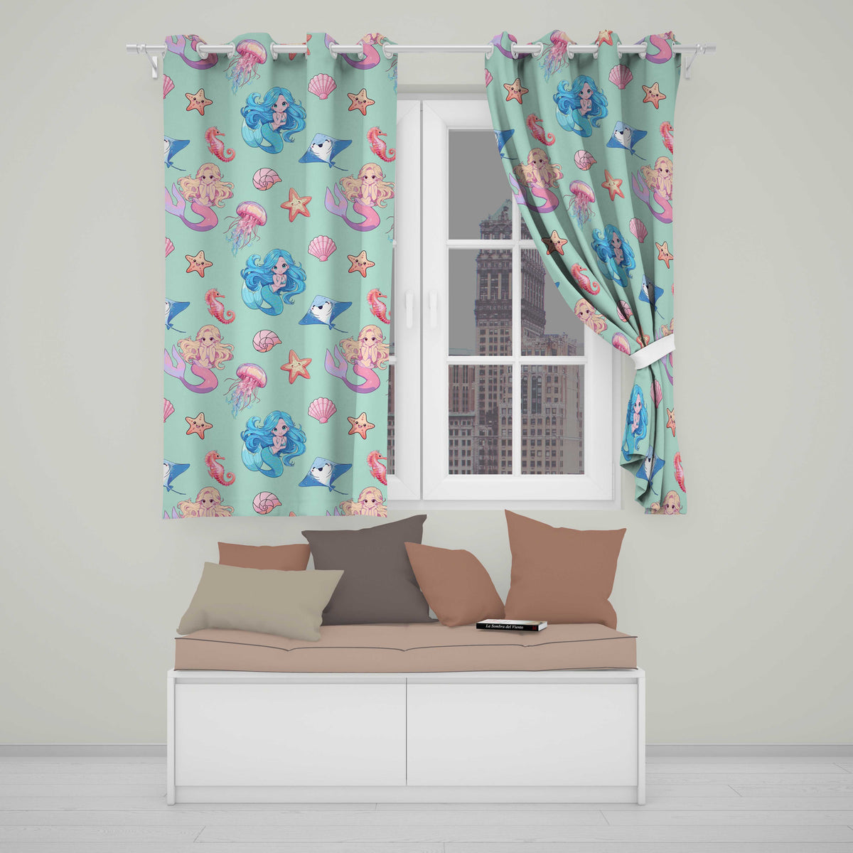 Mermaid Ocean Friends Jellyfish Starfish  Mint Green Background  Readymade Eyelet Ring Top Thermal 100% Blackout Curtains