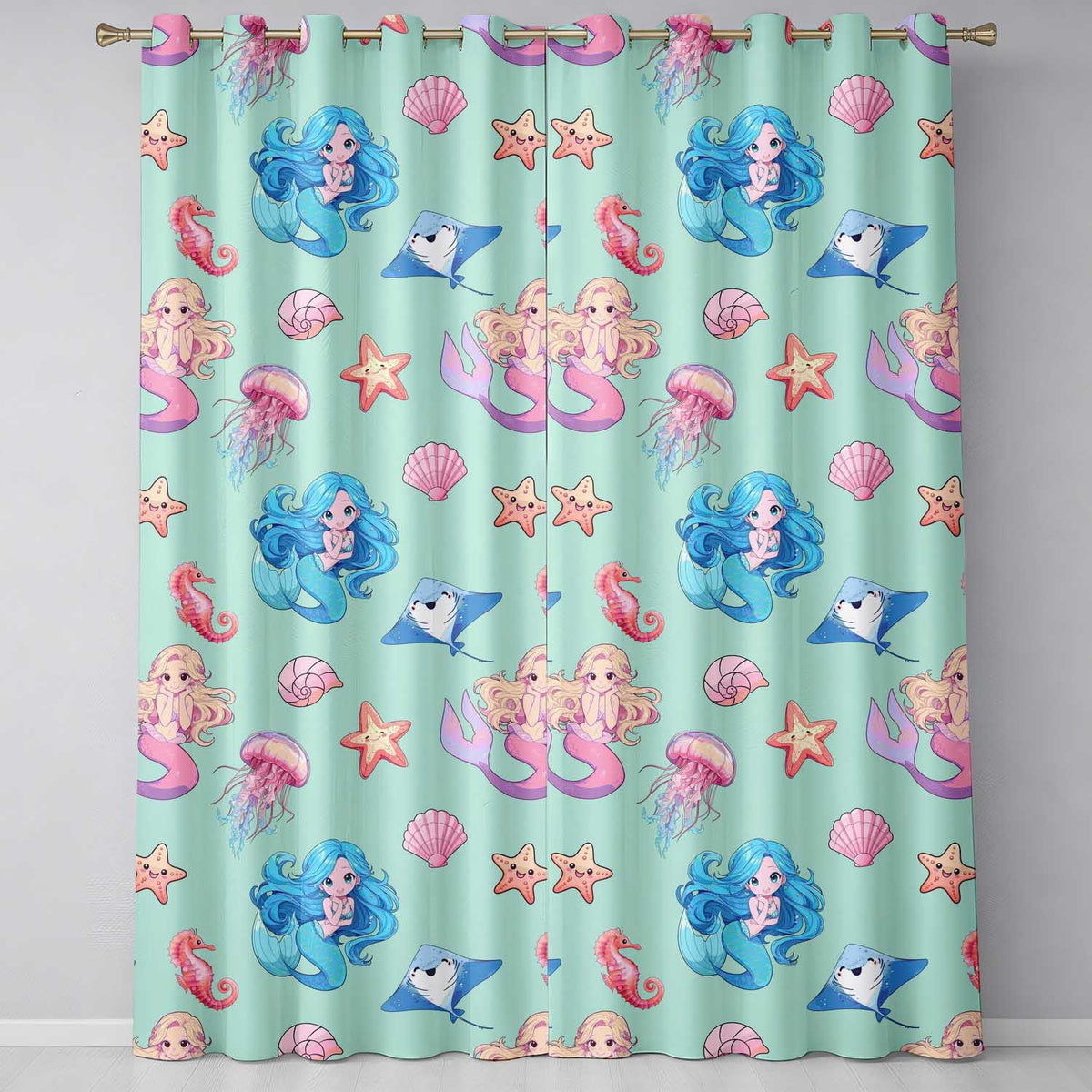 Mermaid Ocean Friends Jellyfish Starfish  Mint Green Background  Readymade Eyelet Ring Top Thermal 100% Blackout Curtains