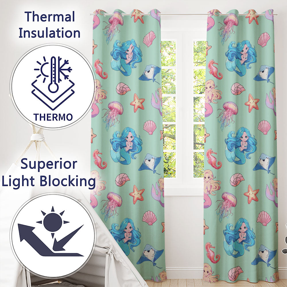 Mermaid Ocean Friends Jellyfish Starfish  Mint Green Background  Readymade Eyelet Ring Top Thermal 100% Blackout Curtains