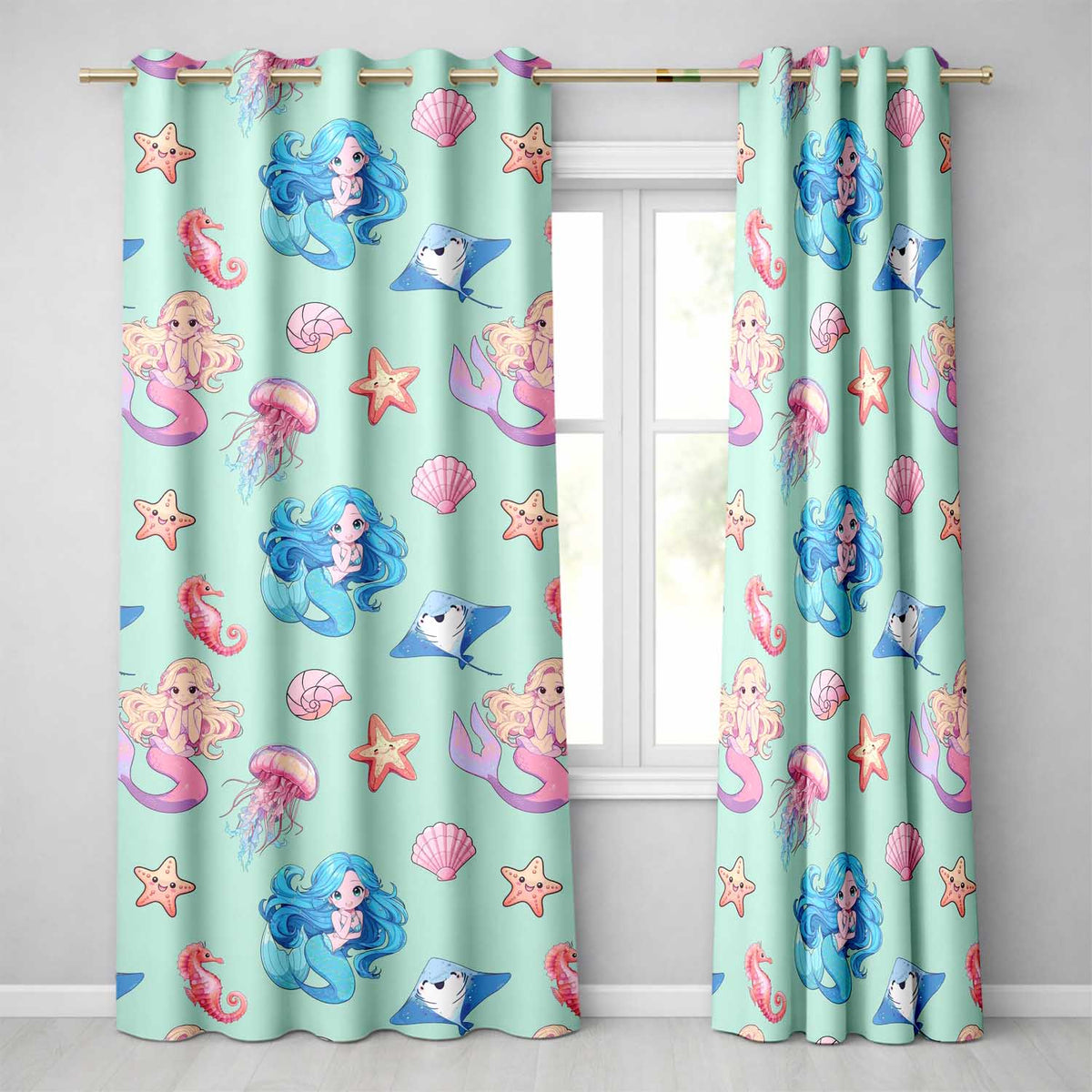 Mermaid Ocean Friends Jellyfish Starfish  Mint Green Background  Readymade Eyelet Ring Top Thermal 100% Blackout Curtains