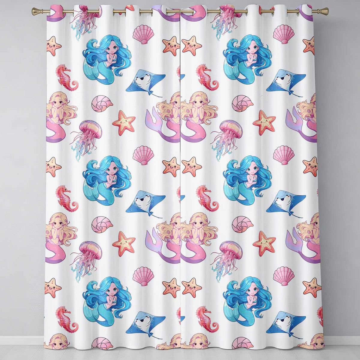 Mermaid Ocean Friends Jellyfish Starfish   Grey Background  Readymade Eyelet Ring Top Thermal 100% Blackout Curtains