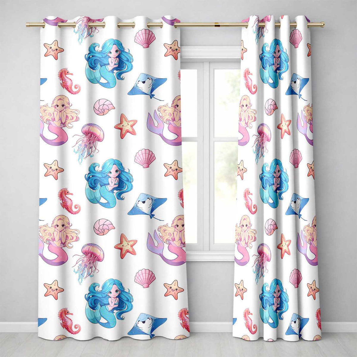 Mermaid Ocean Friends Jellyfish Starfish   Grey Background  Readymade Eyelet Ring Top Thermal 100% Blackout Curtains