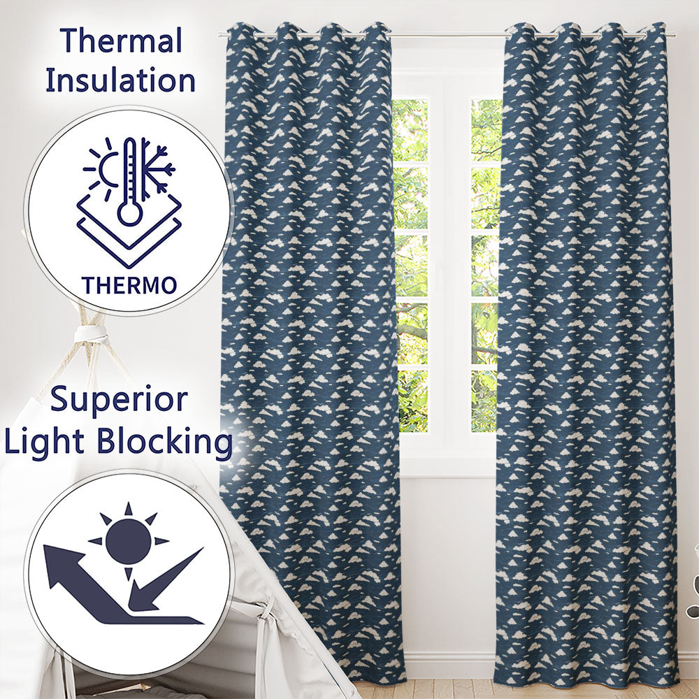 Artistic Sketch Cloud Pattern Navy Background Hand Drawn Style Seamless Design  Readymade Eyelet Ring Top Thermal 100% Blackout Curtains