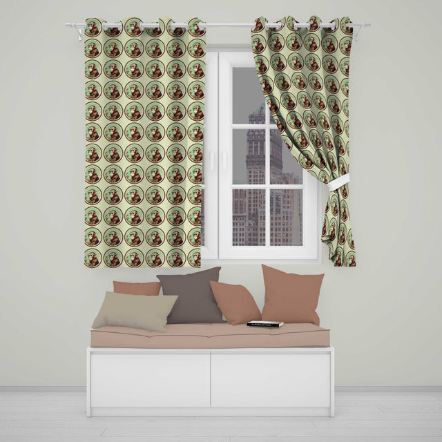 Vintage Monkey Portrait Circular FrameNeutral Background  Design  Readymade Eyelet Ring Top Thermal 100% Blackout Curtains