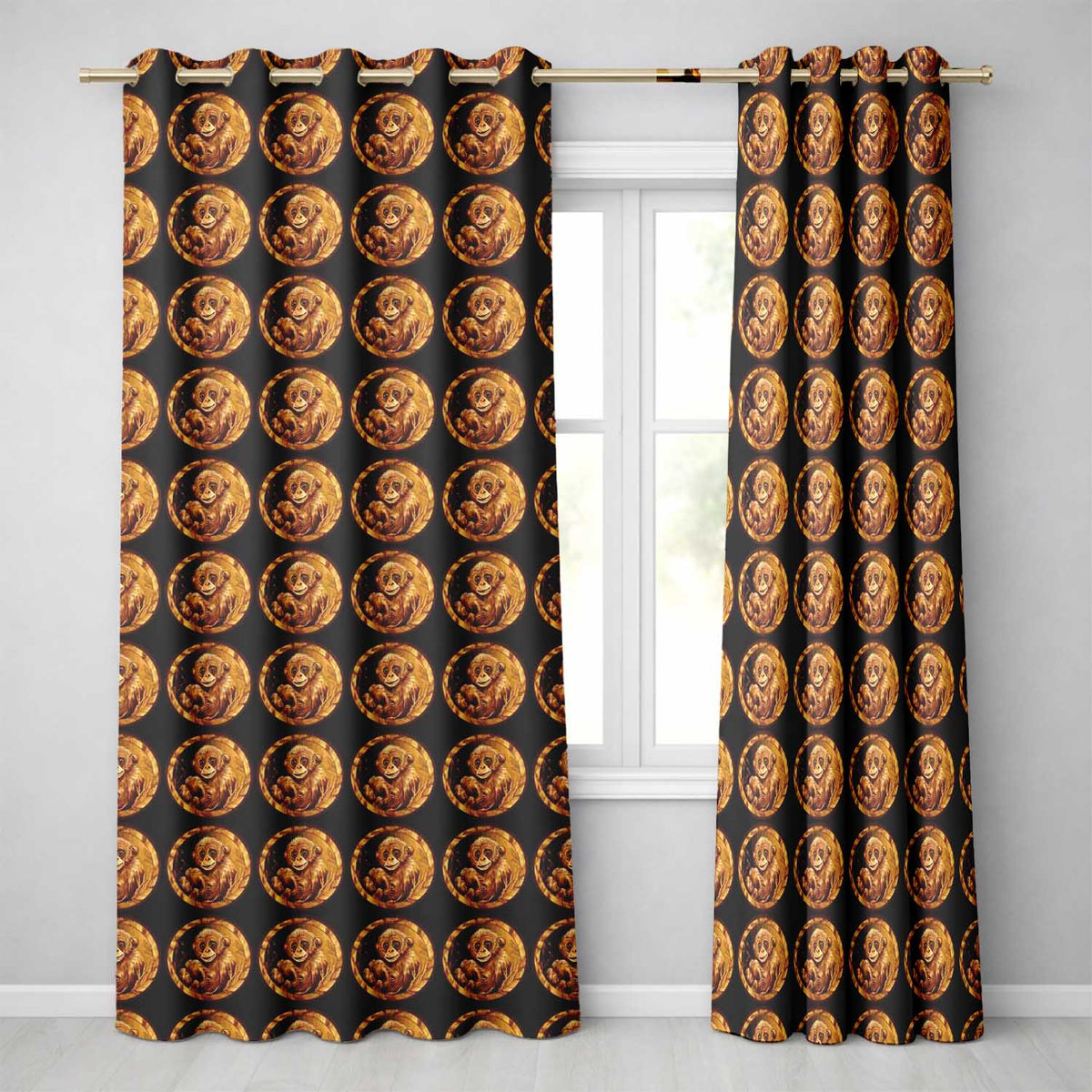 Gold Monkey Medallion Pattern Black Background Luxury Seamless Design  Readymade Eyelet Ring Top Thermal 100% Blackout Curtains