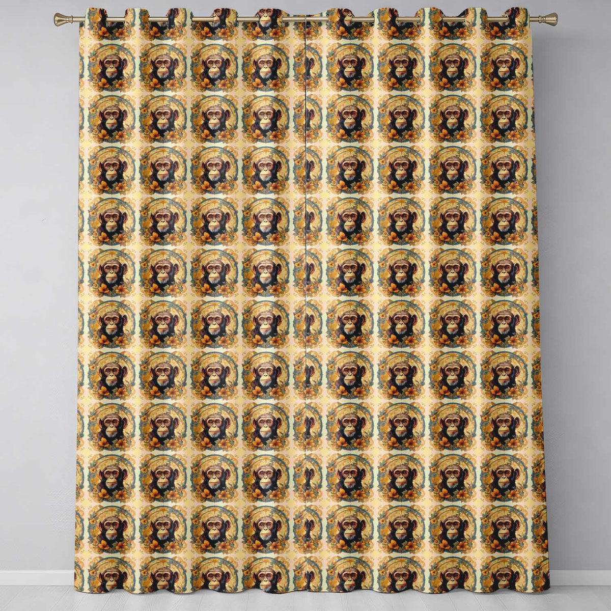Floral Vintage Monkey Portrait with Botanical Wreath Pattern in Soft Gold  Readymade Eyelet Ring Top Thermal 100% Blackout Curtains