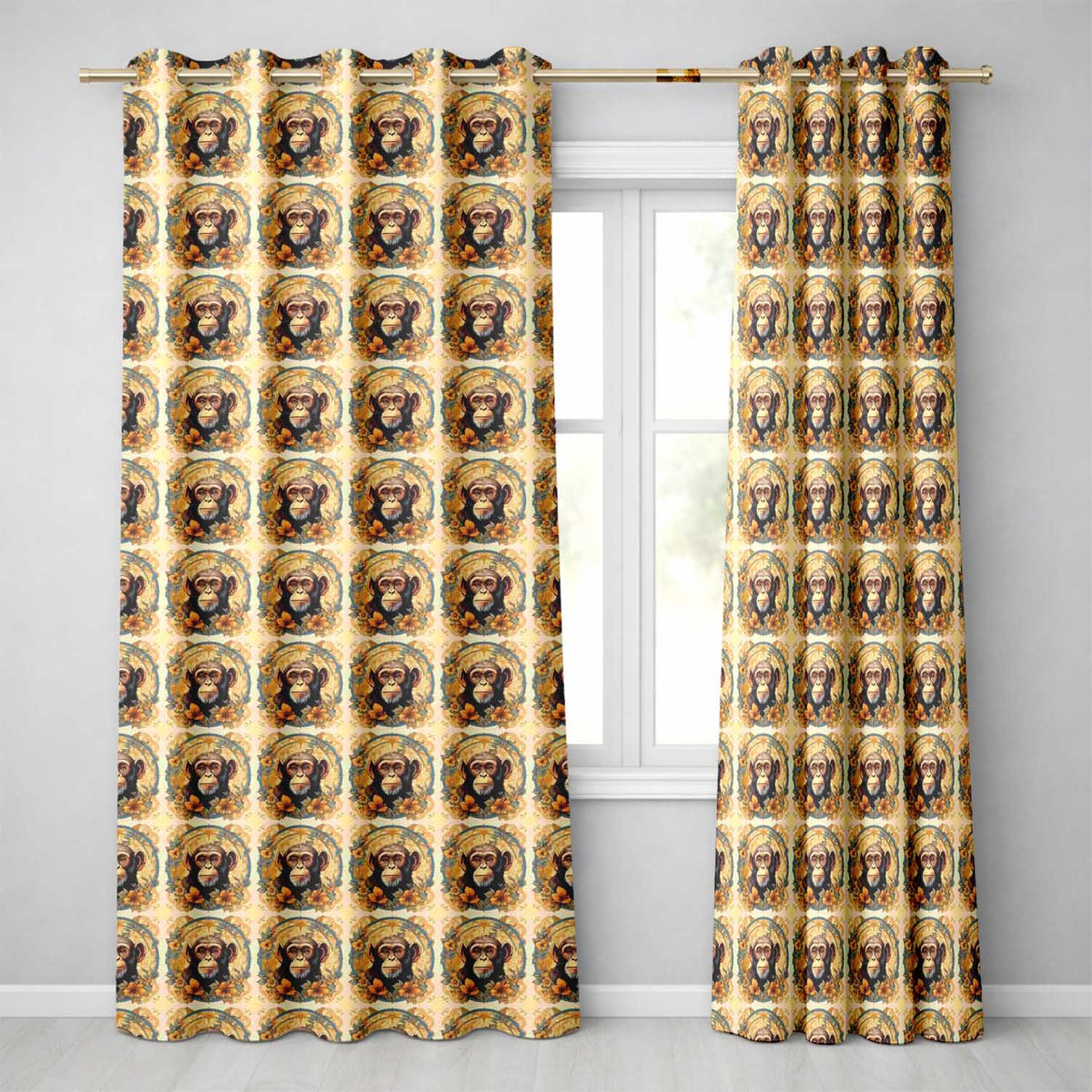 Floral Vintage Monkey Portrait with Botanical Wreath Pattern in Soft Gold  Readymade Eyelet Ring Top Thermal 100% Blackout Curtains