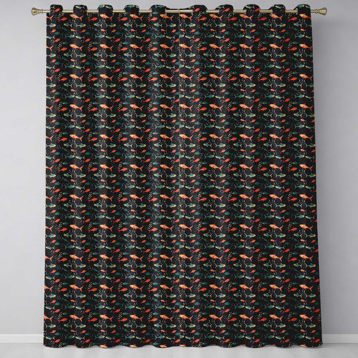 Colourful Aquarium Fish Pattern with Flowing Seaweed on Dark Background  Readymade Eyelet Ring Top Thermal 100% Blackout Curtains