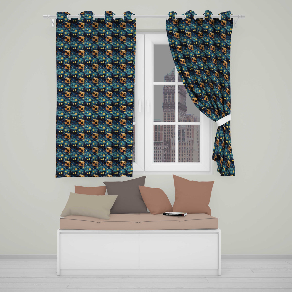 Vintage Colourful  Camera Grid Seamless Pattern on Cream Background  Readymade Eyelet Ring Top Thermal 100% Blackout Curtains