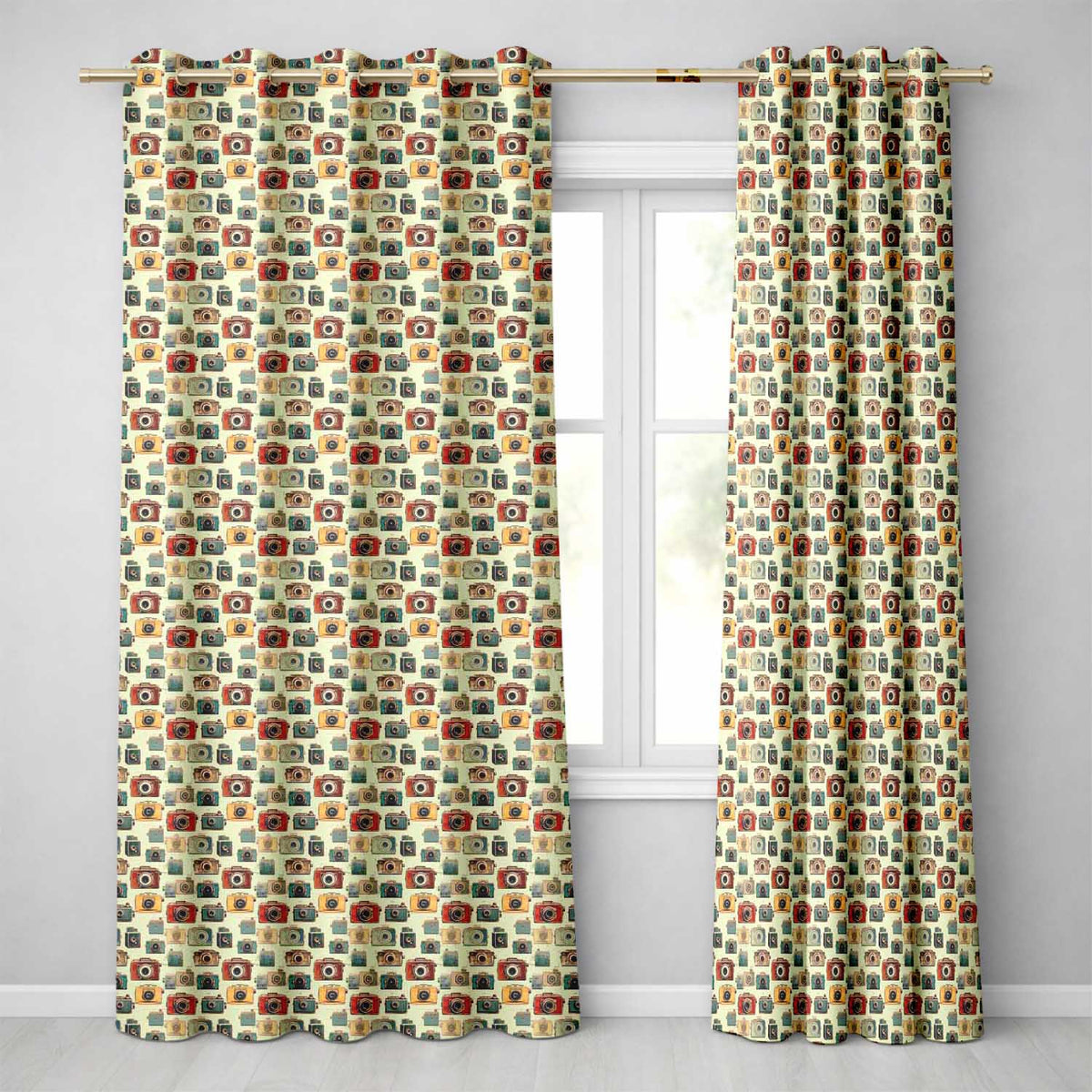 Mustard Yellow and Black Vintage Camera Illustration Seamless Pattern  Readymade Eyelet Ring Top Thermal 100% Blackout Curtains