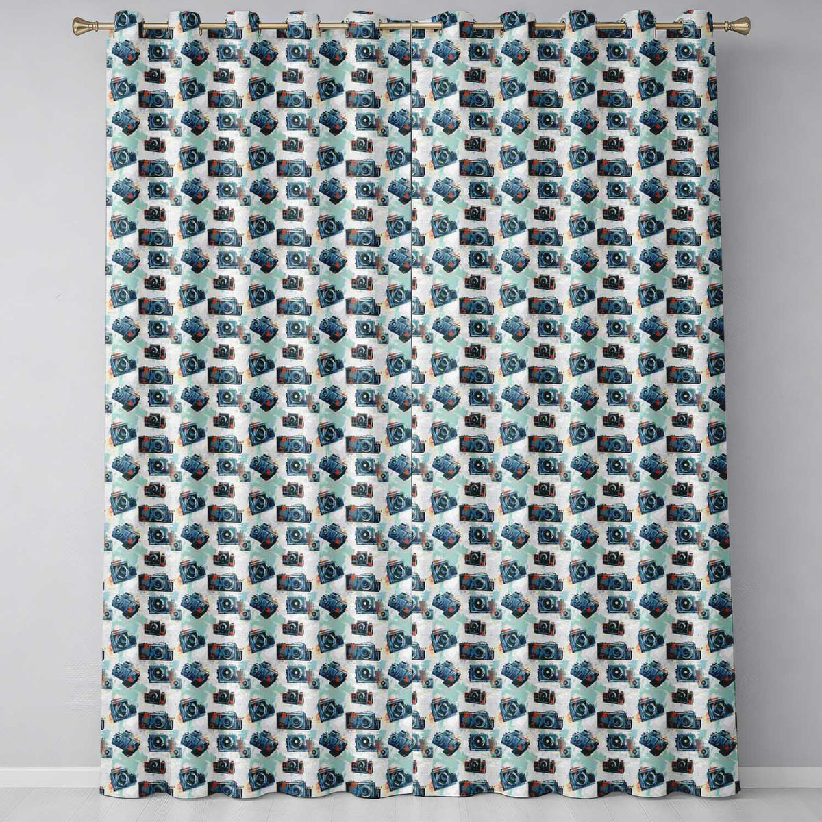 Vintage Camera  with Paint Splash Effect Light Background Seamless Design  Readymade Eyelet Ring Top Thermal 100% Blackout Curtains