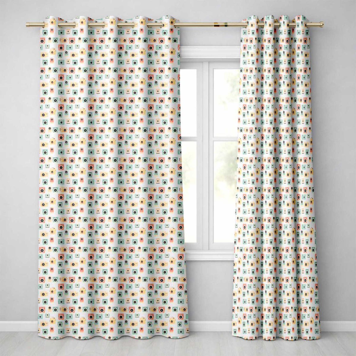 Vintage Camera Scatter Pattern on Warm Beige Background Seamless Design  Readymade Eyelet Ring Top Thermal 100% Blackout Curtains