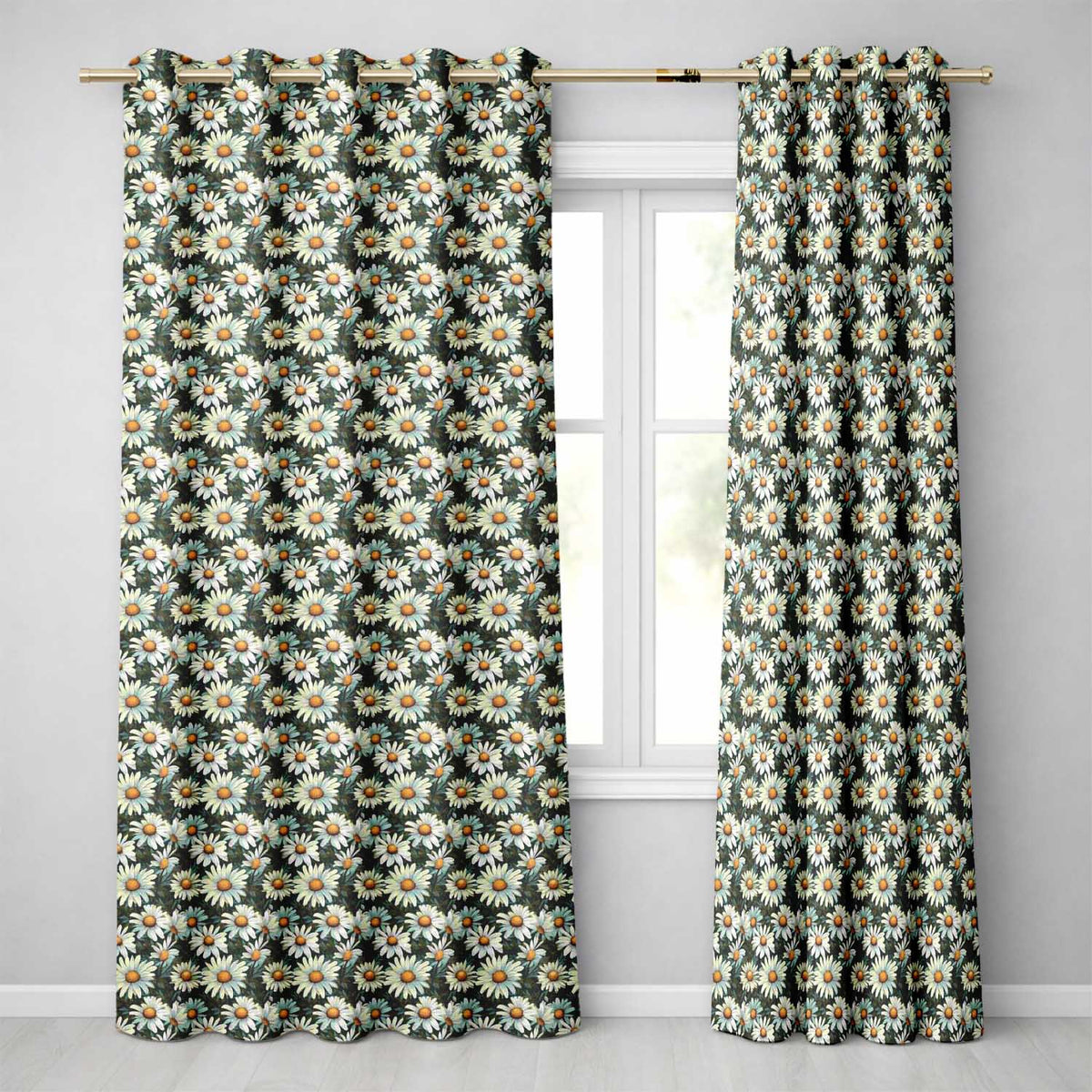 Vintage Daisy Floral Seamless Pattern with White Flowers and Green Leaves  Readymade Eyelet Ring Top Thermal 100% Blackout Curtains