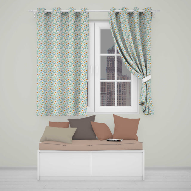 Elegant Cream Daisy Florals on Light Vintage Wash Background  Readymade Eyelet Ring Top Thermal 100% Blackout Curtains