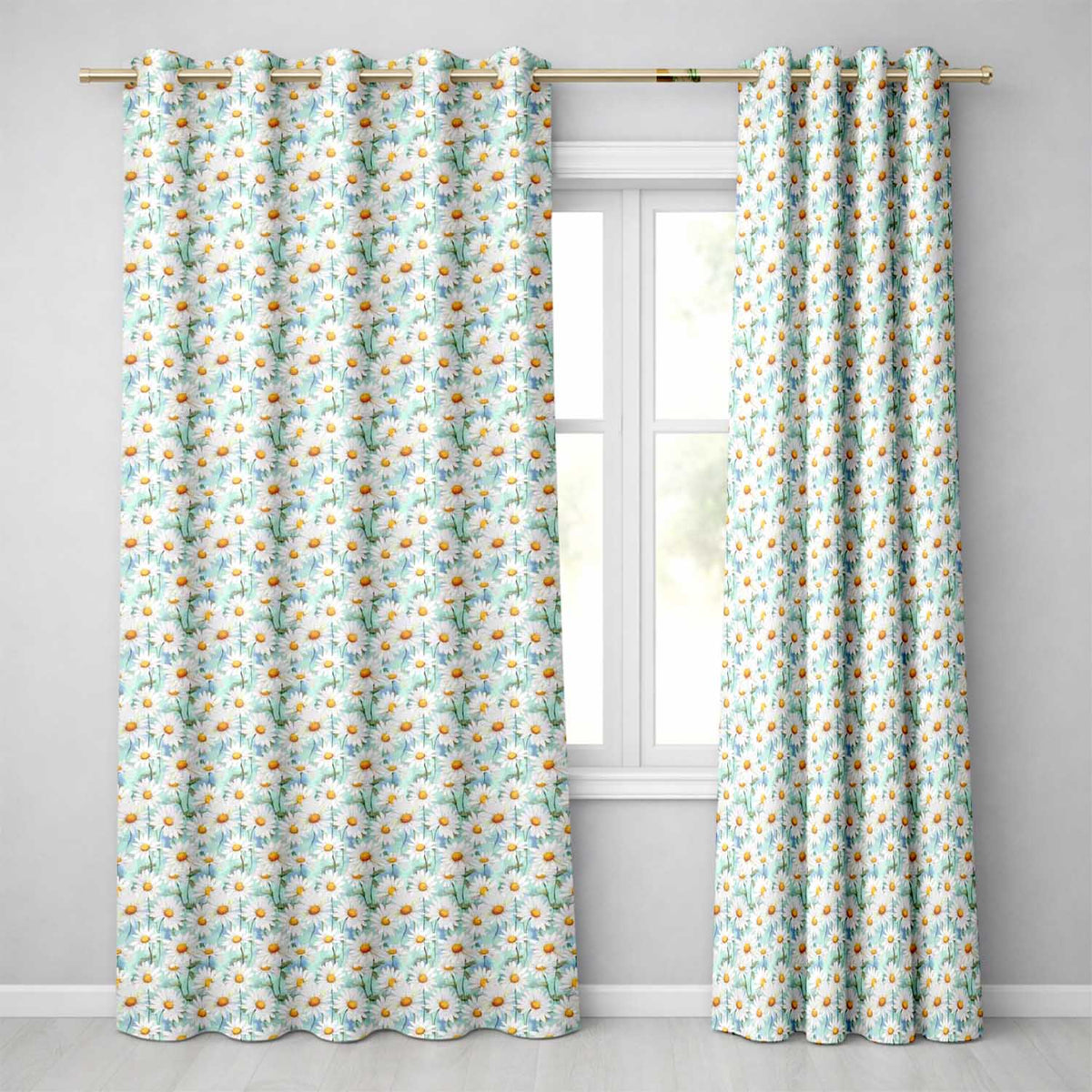 Elegant Cream Daisy Florals on Light Vintage Wash Background  Readymade Eyelet Ring Top Thermal 100% Blackout Curtains