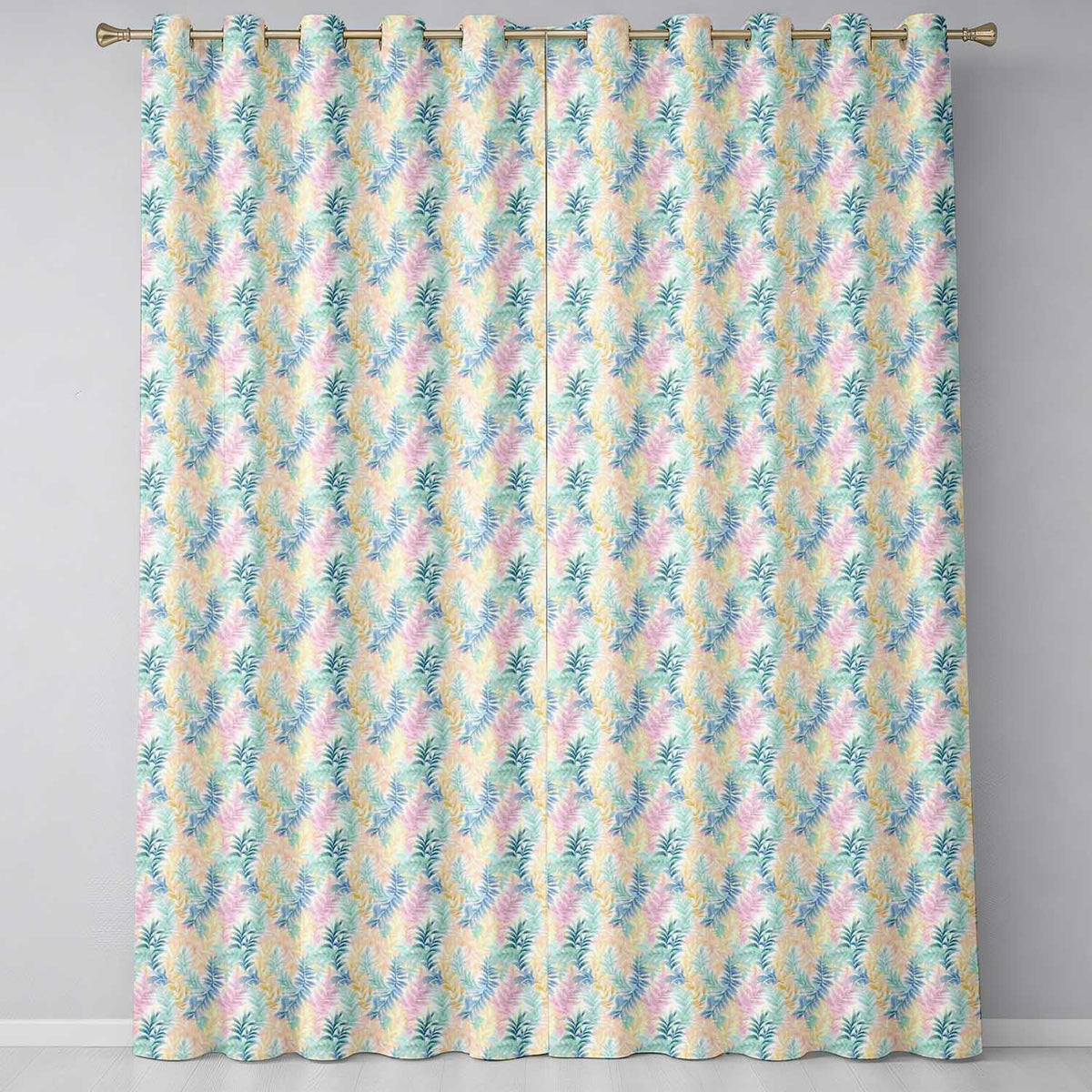 Teal and Mustard Fern Botanical Watercolor Seamless Pattern  Readymade Eyelet Ring Top Thermal 100% Blackout Curtains