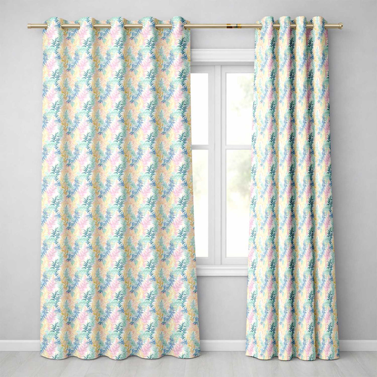 Teal and Mustard Fern Botanical Watercolor Seamless Pattern  Readymade Eyelet Ring Top Thermal 100% Blackout Curtains