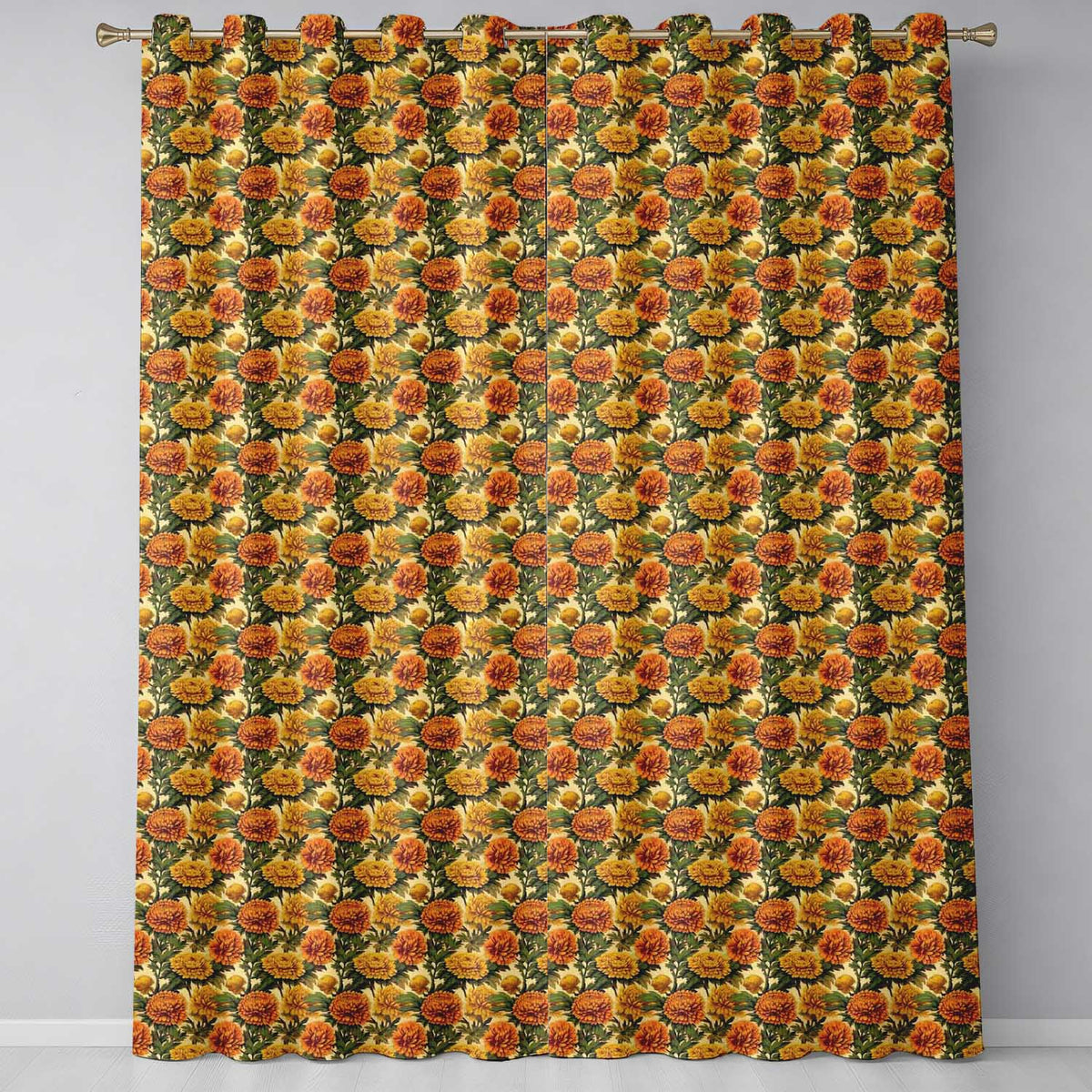 Vintage Orange Floral Botanical on Beige Seamless Pattern  Readymade Eyelet Ring Top Thermal 100% Blackout Curtains