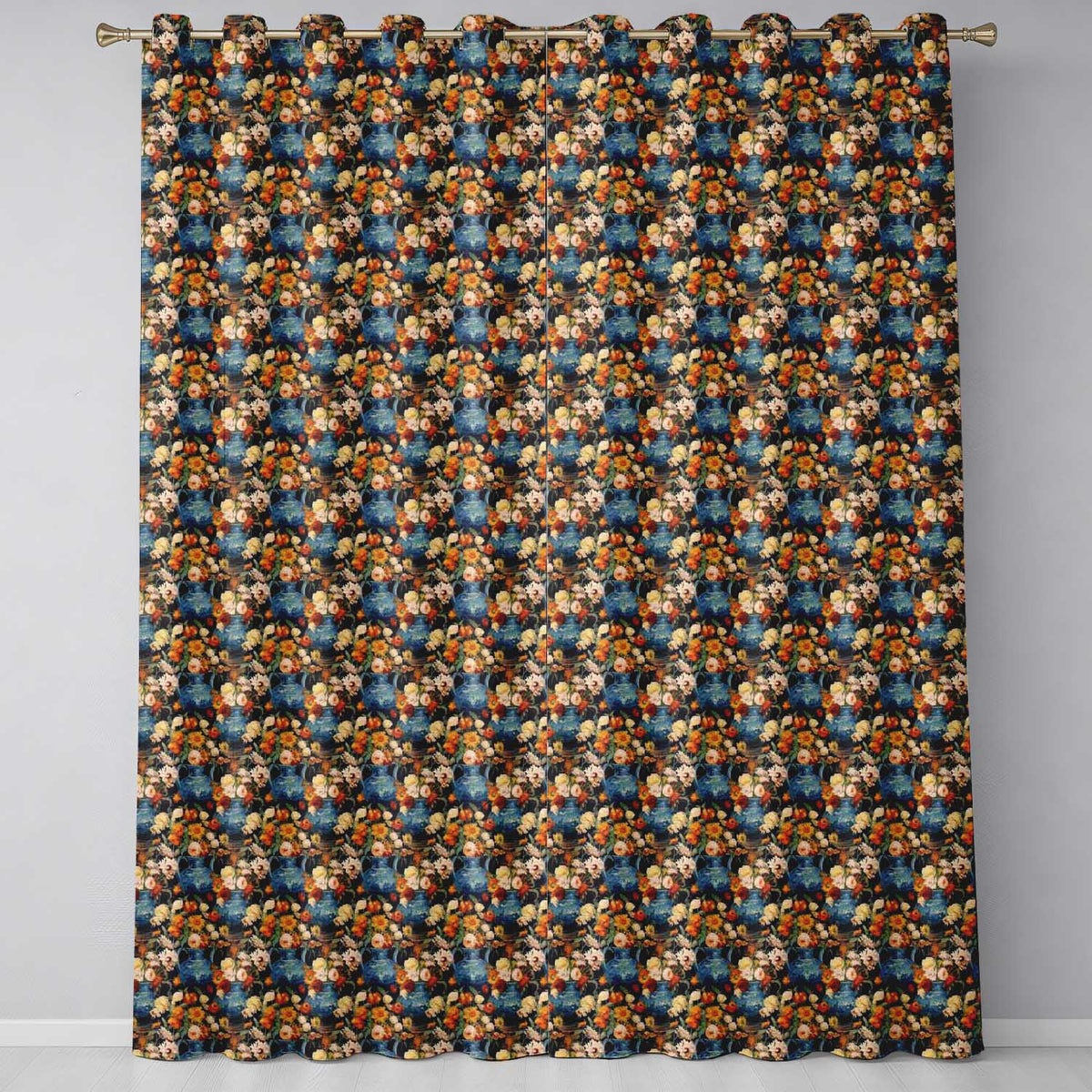 Dark Blue Vase Floral Arrangement Seamless Pattern Rich Botanical Art  Readymade Eyelet Ring Top Thermal 100% Blackout Curtains