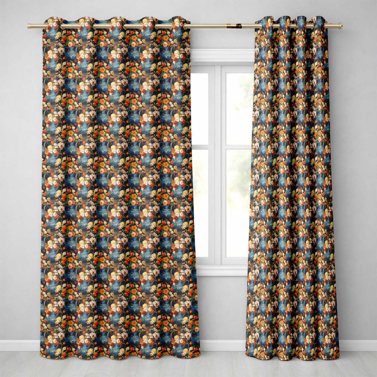 Dark Blue Vase Floral Arrangement Seamless Pattern Rich Botanical Art  Readymade Eyelet Ring Top Thermal 100% Blackout Curtains