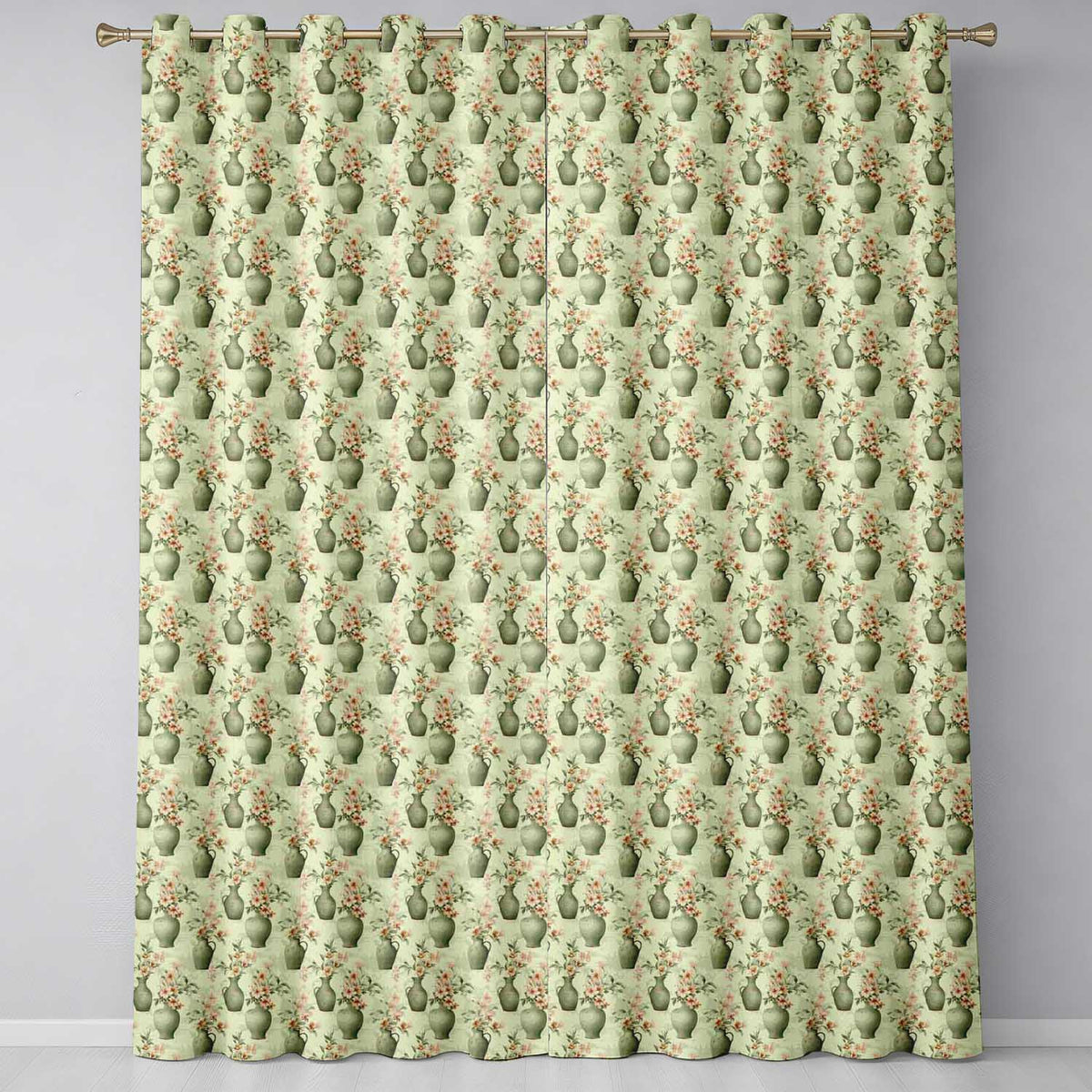 Soft Green Vase Floral Seamless Pattern Vintage Botanical Aesthetic  Readymade Eyelet Ring Top Thermal 100% Blackout Curtains
