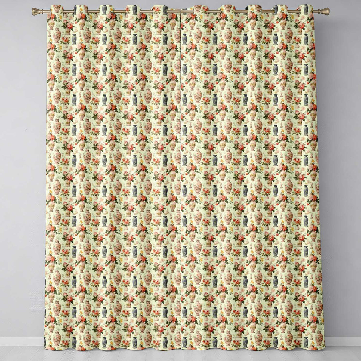 Elegant Floral Vase Arrangement with Soft Roses and Botanical Vintage Style  Readymade Eyelet Ring Top Thermal 100% Blackout Curtains