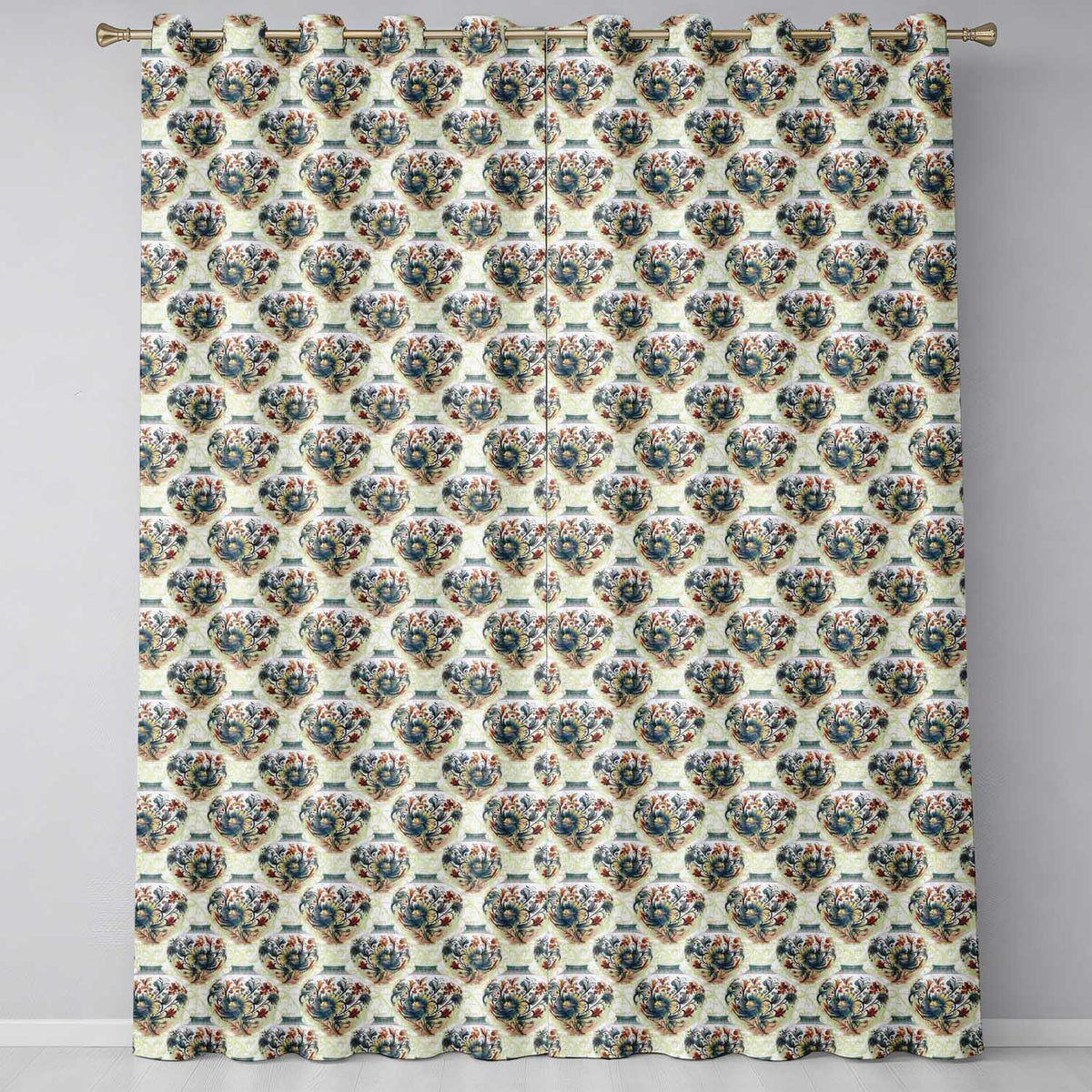 Ornate Blue and Red Decorative Vase Pattern with Classic Floral Swirls  Readymade Eyelet Ring Top Thermal 100% Blackout Curtains