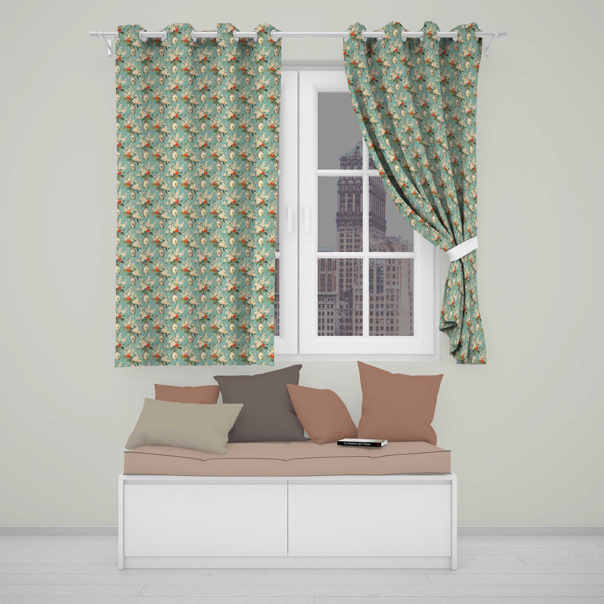 Delicate Blossom Branches in Ceramic Vases Soft Blue Background Floral Design  Readymade Eyelet Ring Top Thermal 100% Blackout Curtains