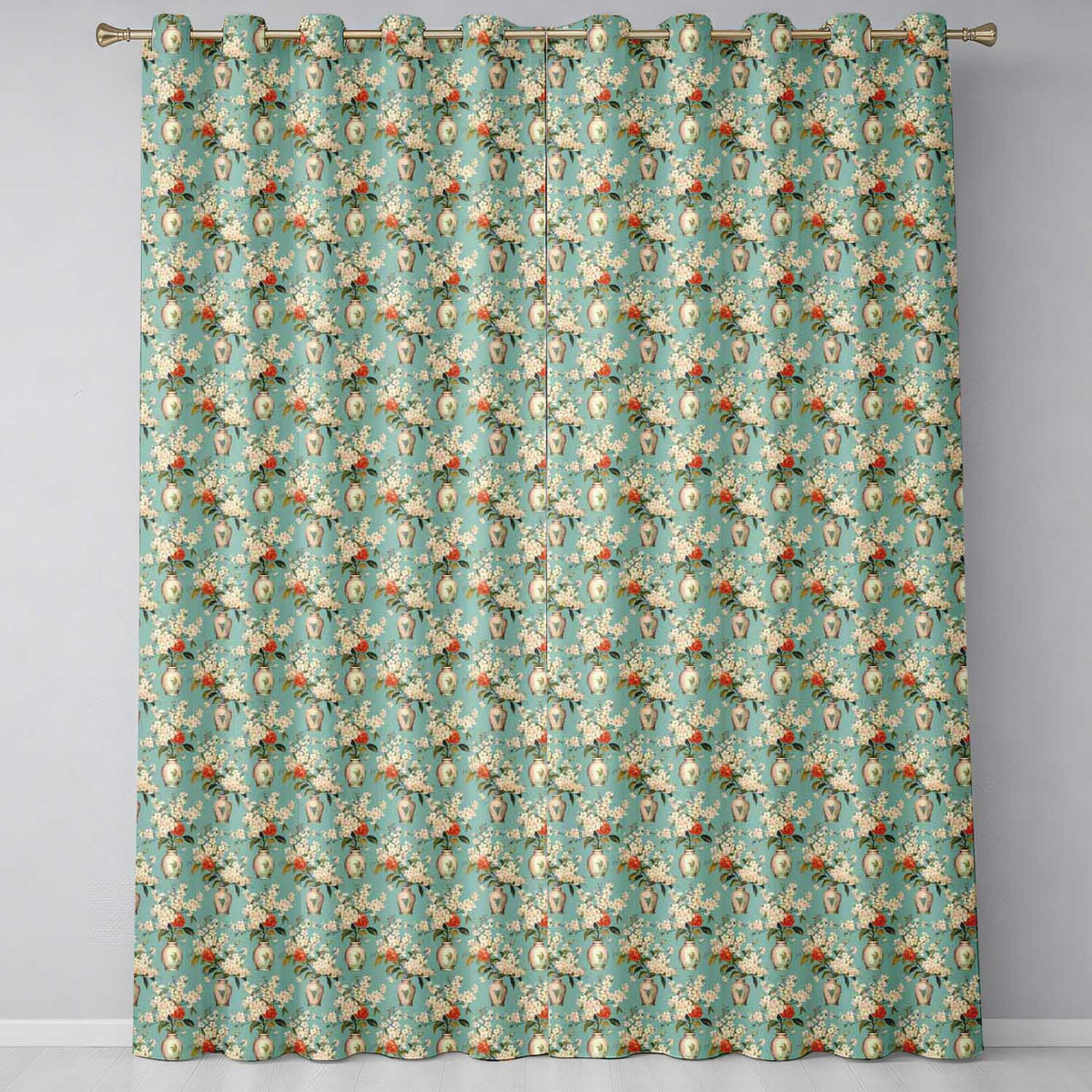Delicate Blossom Branches in Ceramic Vases Soft Blue Background Floral Design  Readymade Eyelet Ring Top Thermal 100% Blackout Curtains
