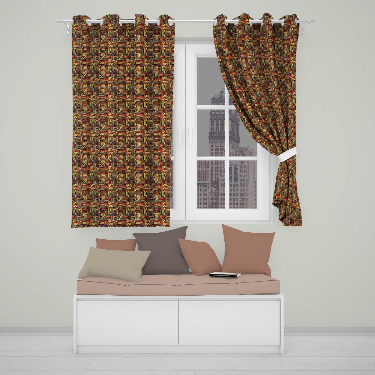 Bold African Inspired Geometric Patchwork Pattern in Black Orange and Mustard  Readymade Eyelet Ring Top Thermal 100% Blackout Curtains