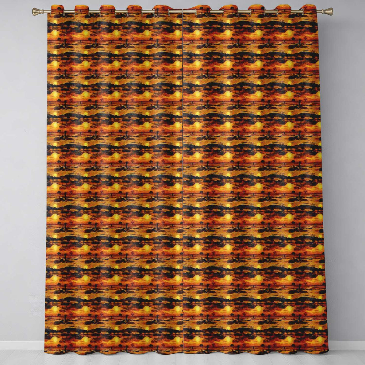 Textured African Landscape with Sunset Scene and Silhouettes in Warm Hues  Readymade Eyelet Ring Top Thermal 100% Blackout Curtains