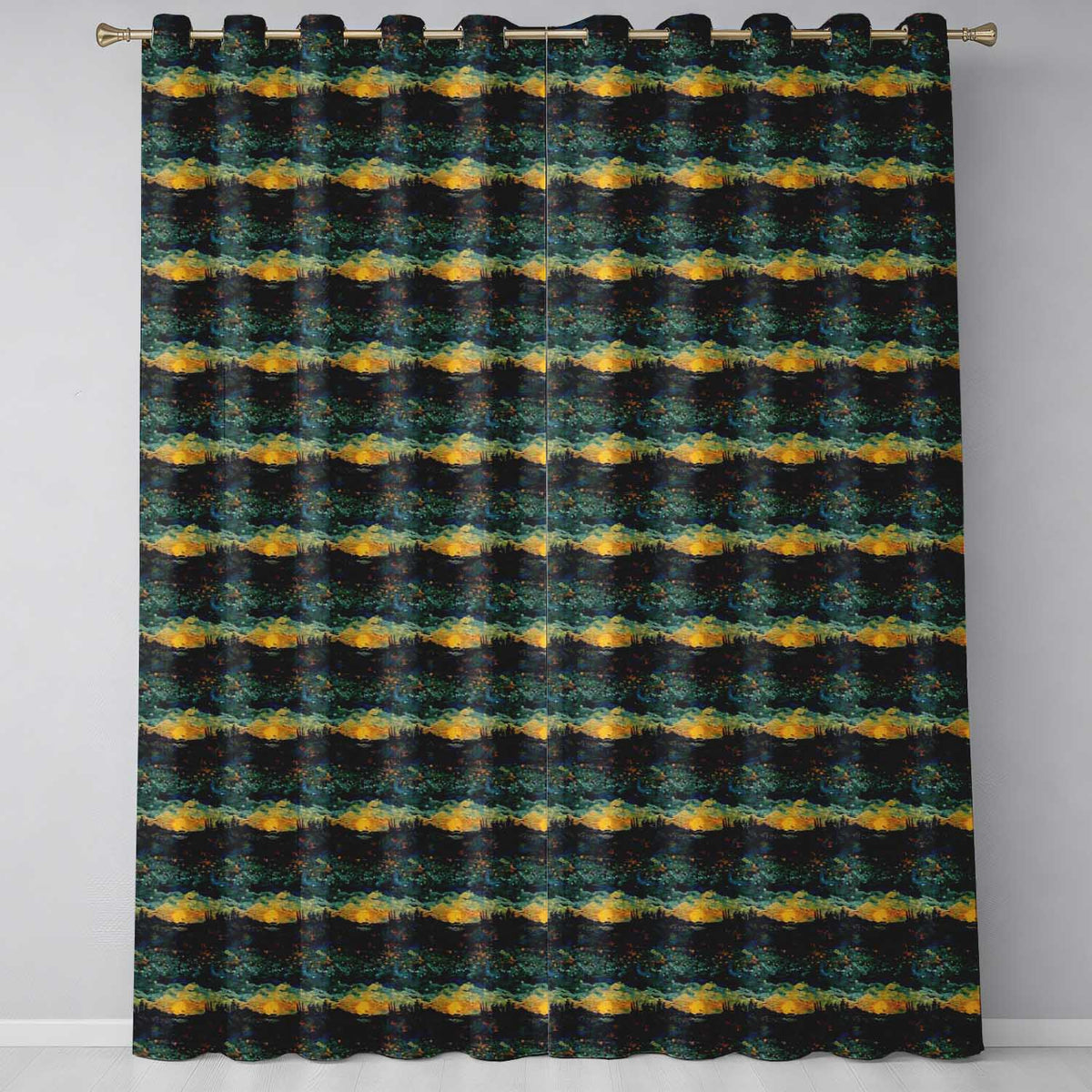 Impressionist Landscape with Rolling Hills and Sunset in Deep Blue and Gold  Readymade Eyelet Ring Top Thermal 100% Blackout Curtains