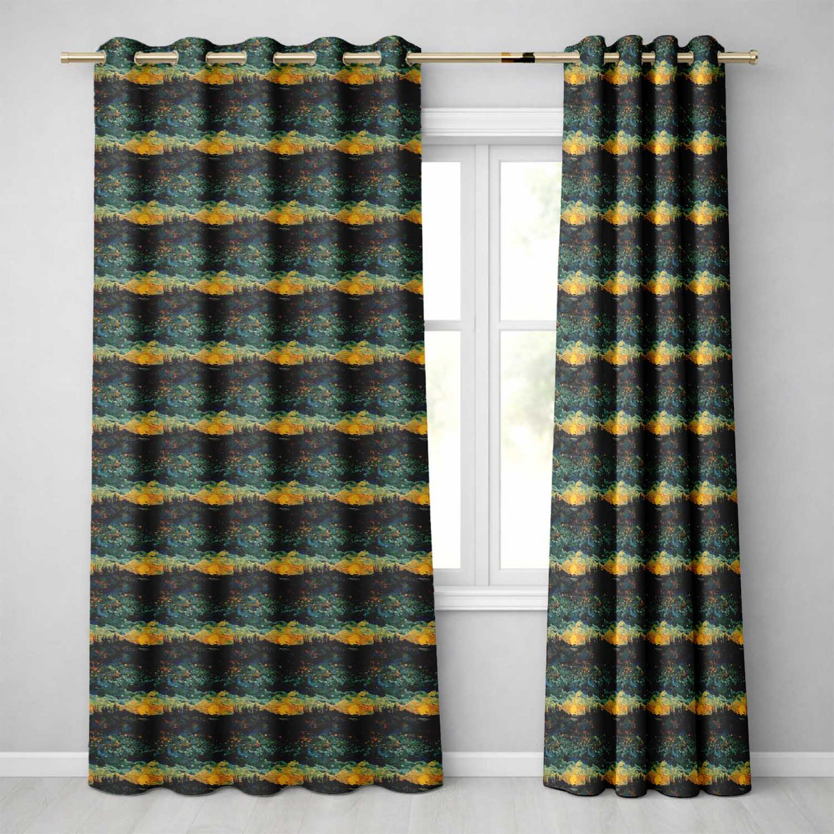 Impressionist Landscape with Rolling Hills and Sunset in Deep Blue and Gold  Readymade Eyelet Ring Top Thermal 100% Blackout Curtains