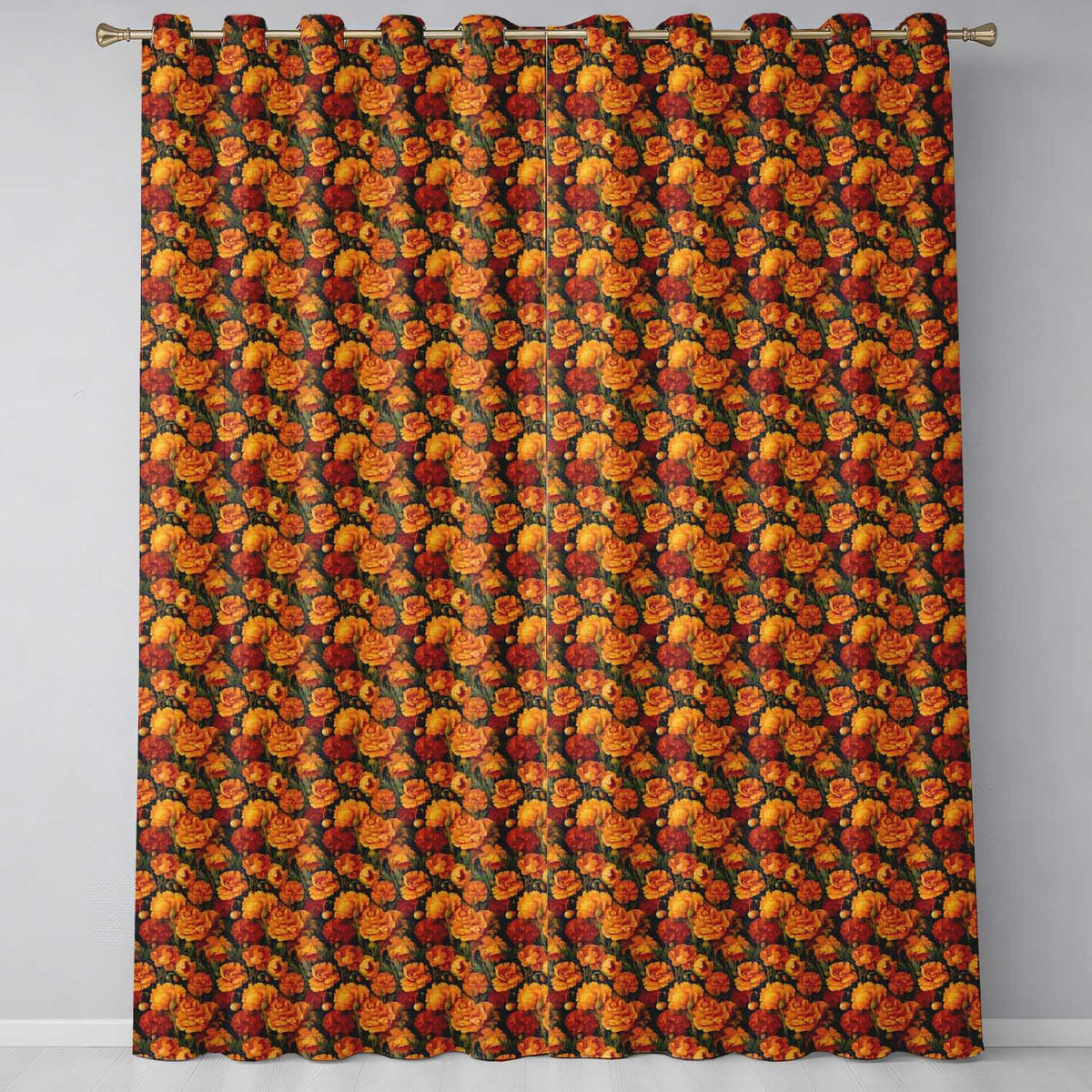 Orange Chrysanthemum Floral  on Black Background with Detailed Petals  Readymade Eyelet Ring Top Thermal 100% Blackout Curtains