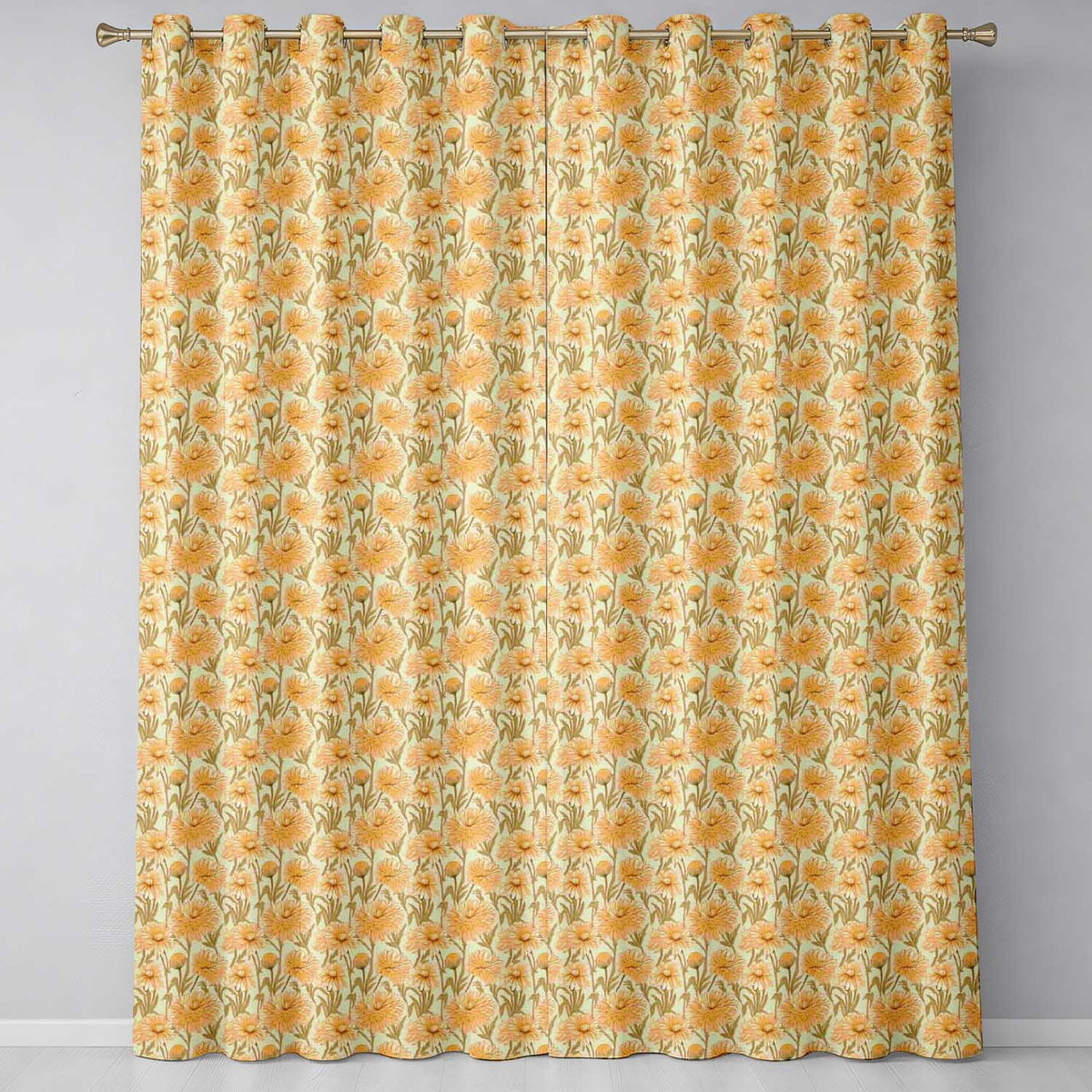 Vintage Style Orange Chrysanthemum Floral Pattern on Warm Beige Background  Readymade Eyelet Ring Top Thermal 100% Blackout Curtains