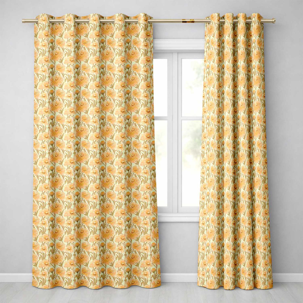 Vintage Style Orange Chrysanthemum Floral Pattern on Warm Beige Background  Readymade Eyelet Ring Top Thermal 100% Blackout Curtains
