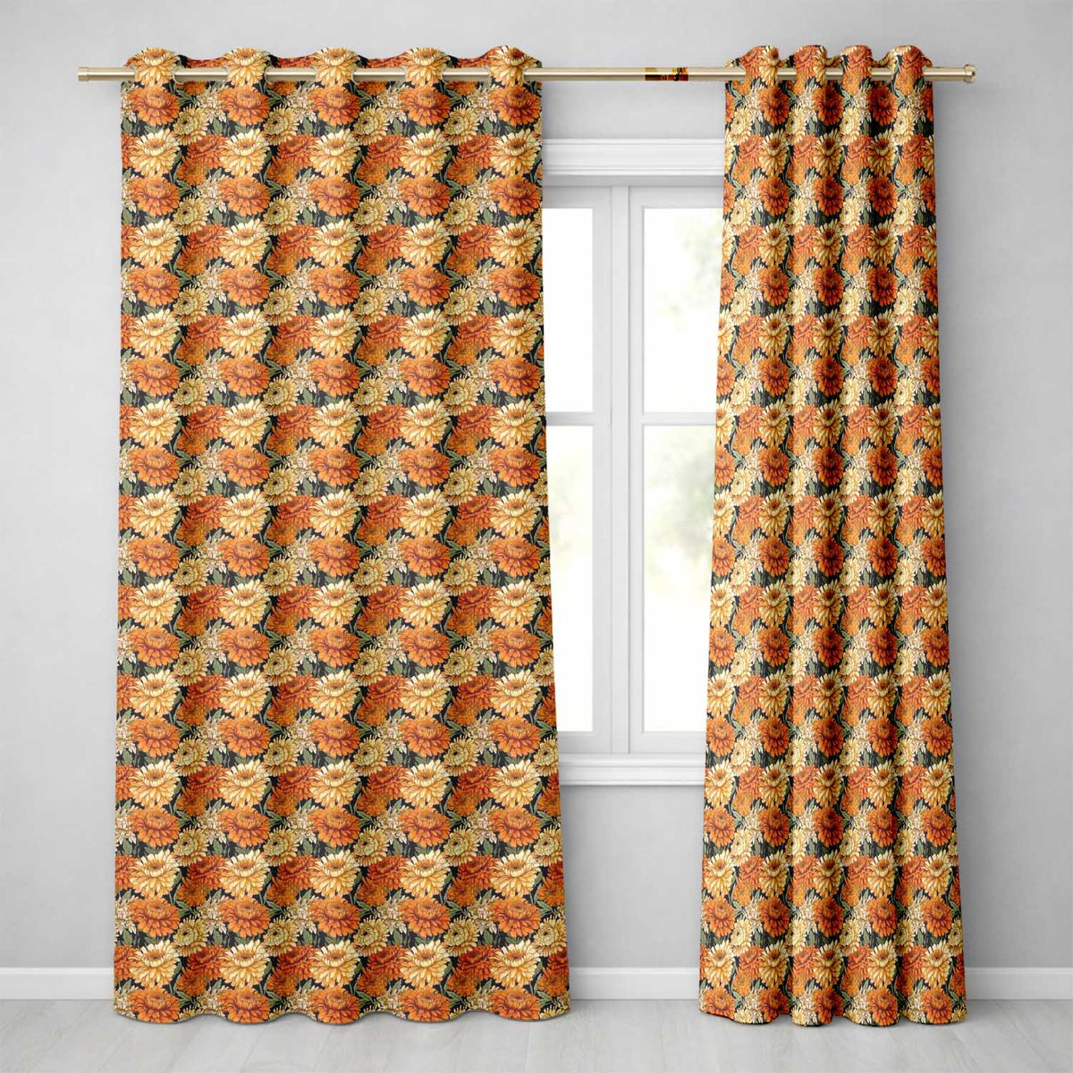 Chrysanthemum Floral  on Dark Background with High Contrast Petals  Readymade Eyelet Ring Top Thermal 100% Blackout Curtains