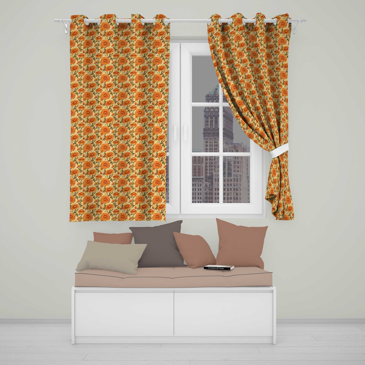 Bold Vintage Orange Poppy Floral Pattern on Warm Beige Background  Readymade Eyelet Ring Top Thermal 100% Blackout Curtains