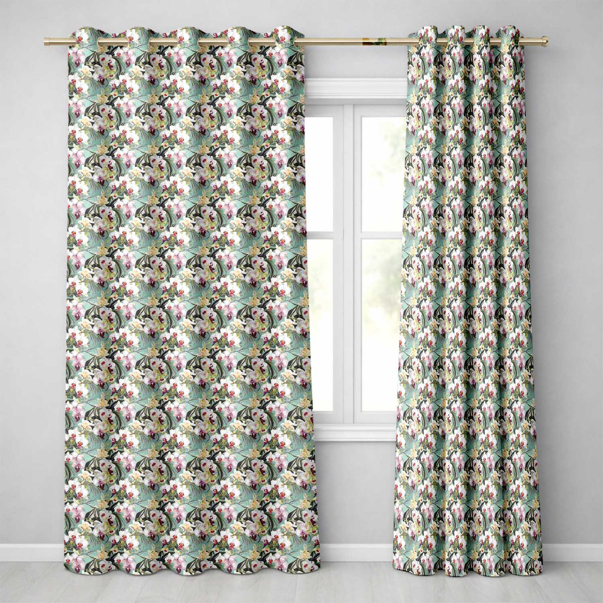 Cream Orchid Floral  Soft Neutral Background Delicate Botanical Detail  Readymade Eyelet Ring Top Thermal 100% Blackout Curtains