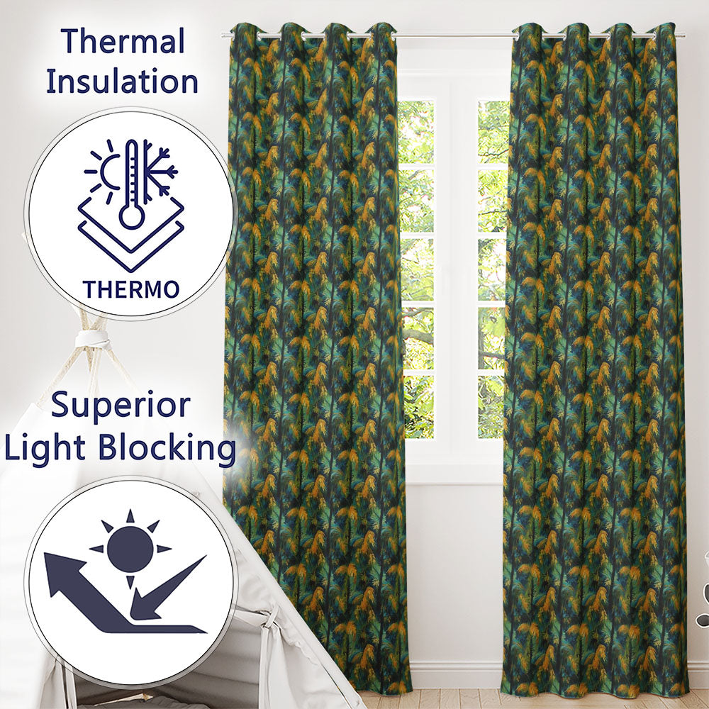 Bold Painterly Tropical Palm Leaves in Teal and Mustard Artistic Jungle Pattern  Readymade Eyelet Ring Top Thermal 100% Blackout Curtains